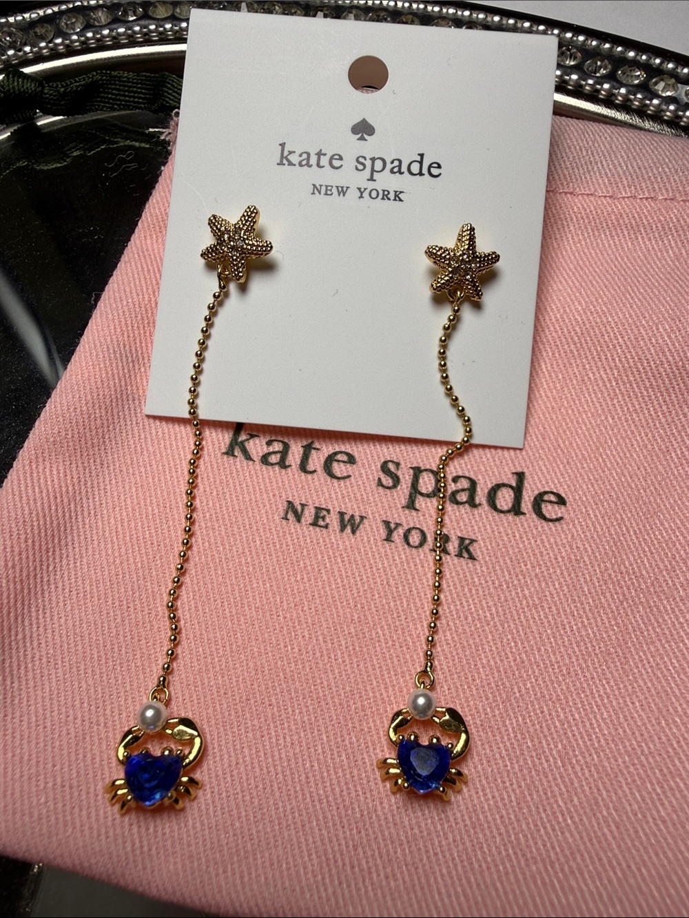 kate spade gold-tone starfish drop earrings with blue heart crab charms